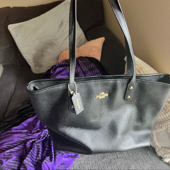 Black zip top coach tote